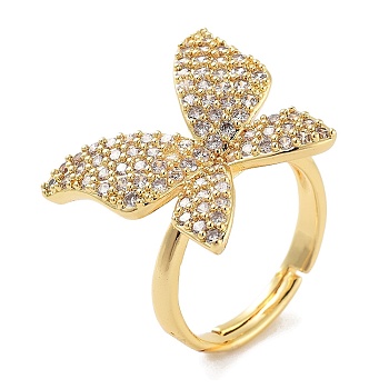 Butterfly Rack Plating Brass Micro Pave Cubic Zirconia Adjustable Rings for Women, Long-Lasting Plated, Lead Free & Cadmium Free, Golden, Butterfly: 19.5x22mm, Inner Diameter: 17mm