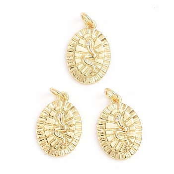 Brass Micro Pave Cubic Zirconia Pendants, with Jump Ring, Oval with Snake, Clear, Golden, 17x11.5x2mm, Hole: 3mm