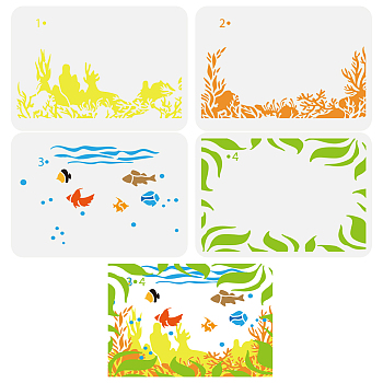 4Pcs 4 Styles PET Hollow Out Drawing Painting Stencils, for DIY Scrapbook, Photo Album, Seabed, 297x210mm, 1pc/style