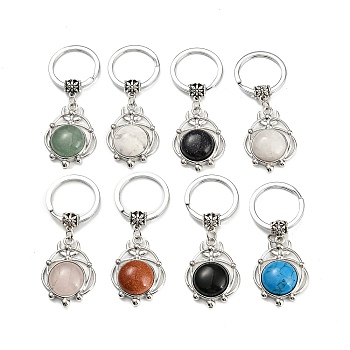 Natural & Synthetic Gemstone Pendant Keychain, Flat Round, with Brass Findings, Antique Silver & Platinum, 65~66mm