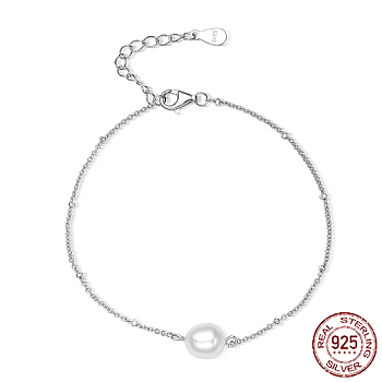 925 Sterling Silver Shell Pearl Link Bracelets, with  Satellite Chains, Platinum, 6-3/4 inch(17cm)