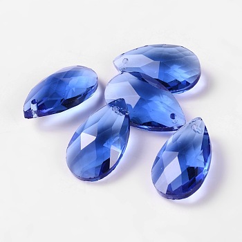 Faceted Teardrop Glass Pendants, Blue, 22x13x7mm, Hole: 1mm