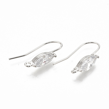 Brass Earring Hooks, with Cubic Zirconia and Horizontal Loop, Horse Eye, Clear, Nickel Free, Real Platinum Plated, 21~23x14~17x5mm, Hole: 1.5mm