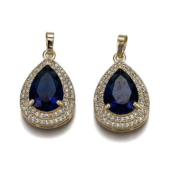 Golden Plated Brass Micro Pave Clear Cubic Zirconia Pendants, with Glass, Long-Lasting Plated, with Snap on Bails, Teardrop, Midnight Blue, 24.5x16x7.5mm, Hole: 3x5mm
