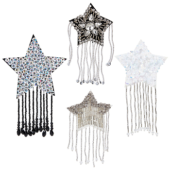 4Pcs 4 Style Star with Glass Bead Tassels Appliques, Ornament Accessories, for Cuff Collar Decoration, Mixed Color, 115~150x65~94x3.5~9mm, 1pc/style