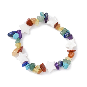 Natural & Synthetic Mixed Gemstone Chips & Shell Beaded Stretch Bracelet, Star, Wide: 12mm, Inner Diameter: 1-3/4 inch(4.45cm)