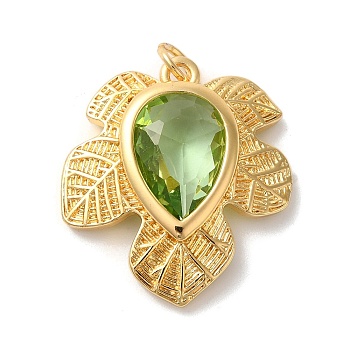 Leaf Rack Plating Brass Pendants, with Glass, Long-Lasting Plated, Lead Free & Cadmium Free, with Jump Ring, Golden, Light Green, 22.5x25x5mm, Hole: 3mm