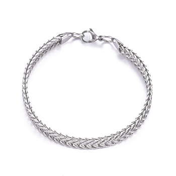 304 Stainless Steel Wheat Chain, Foxtail Chain Bracelets, Textured, with Lobster Claw Clasps, Stainless Steel Color, 8-7/8 inch(22.5cm), 7mm