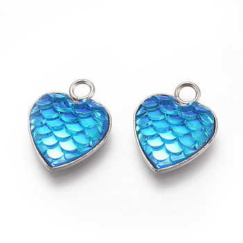 304 Stainless Steel Pendants, with Resin, Heart with Fish Scale Shape, Stainless Steel Color, Deep Sky Blue, 16x13x3.5mm, Hole: 2mm