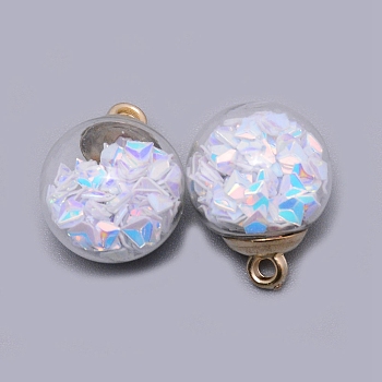 Transparent Glass Globe Pendants, with Glitter Sequins inside and CCB Pendant Bails, Round, White, 20.5x16mm, Hole: 2.5mm
