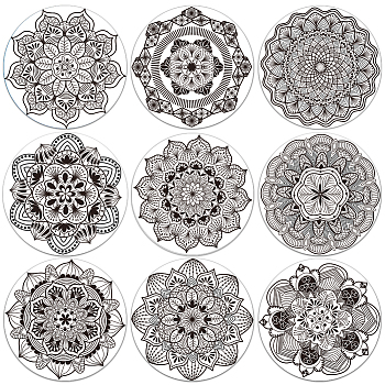 Composite Wood Board Cup Mats Set, Mandala Pattern Printed Coasters, Flat Round, 100x5mm, 1pc/style, 9 style, 9pcs/set