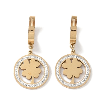 304 Stainless Steel Rhinestone Dangle Earrings, Flat Round with Clover Hoop Earrings for Women, Real 18K Gold Plated, 36x17mm