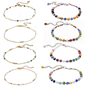 Handmade Glass Beads Anklets, Including Glass Seed Beads Brass Beads, Brass Lobster Claw Clasps and Zinc Alloy Lobster Claw Clasps, Mixed Color, 8pcs/box