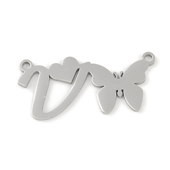 Non-Tarnish 304 Stainless Steel Pendants, Letter & Butterfly Charms, Letter V, 11.5x24.5x0.9mm, Hole: 1.2mm