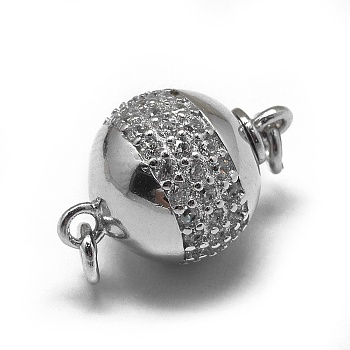 Anti-Tarnish Rhodium Plated 925 Sterling Silver Box Clasps, with 925 Stamp, with Cubic Zirconia, Round, Clear, Platinum, 16x10.5mm, Hole: 1.6mm