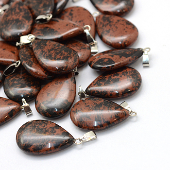 Teardrop Natural Mahogany Obsidian Pendants, with Platinum Tone Brass Findings, 25~29x16~17x5~6mm, Hole: 2x7mm