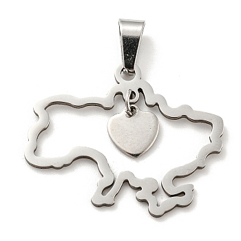 304 Stainless Steel Pendants, Laser Cut, Ukraine Map with Heart Charm, Stainless Steel Color, 24x29x1mm, Hole: 5x3mm