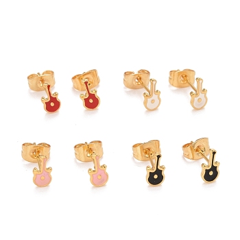 304 Stainless Steel Enamel Stud Earrings, with 316 Surgical Stainless Steel Pin, Golden, Guitar, Mixed Color, 8x4x1mm, Pin: 0.8mm