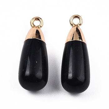 Natural Agate Pendants, with Light Gold Plated Iron Findings, Teardrop Charm, Dyed & Heated, Black, 23x8mm, Hole: 1.8mm
