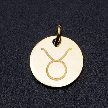 201 Stainless Steel Charms, Twelve Constellations, with Jump Rings, Flat Round, Taurus, 12x1mm, Hole: 3.5mm