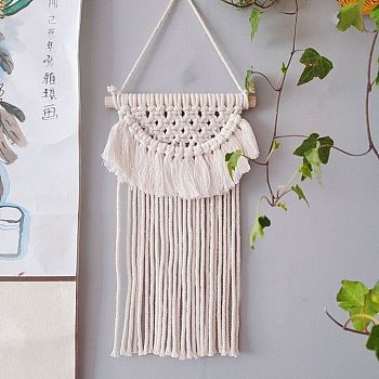 Cotton Cord Macrame Woven Wall Hanging, with Plastic Non-Trace Wall Hooks, for Nursery and Home Decoration, Floral White, 470x210x21mm