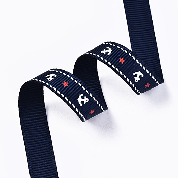 Single Face Anchor & Star Printed Polyester Grosgrain Ribbon, Marine Blue, 3/8 inch(10mm), about 100yards/roll(91.44m/roll)