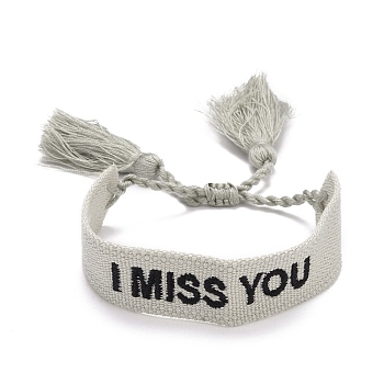 Word I Miss You Polycotton(Polyester Cotton) Braided Bracelet with Tassel Charm, Flat Adjustable Wide Wristband for Couple, Antique White, Inner Diameter: 2~3-1/8 inch(5~8cm)