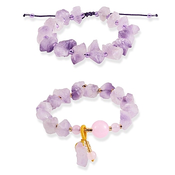 2Pcs 2 Style Synthetic Amethyst Chips Braided Bead Bracelets Set with Irregular Nugget Charm, Gemstone Yoga Jewelry for Women, Purple, 2 inch(5~5.1cm), 1Pc/style