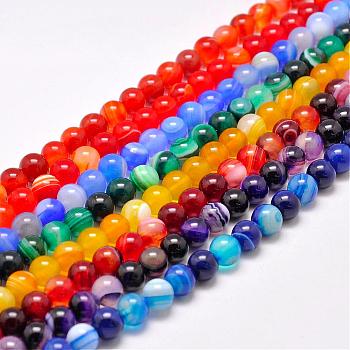 Natural Striped Agate/Banded Agate Bead Strands, Dyed & Heated Color, Round, Grade A, Mixed Color, 16mm, Hole: 2mm, about 25pcs/strand, 15 inch(383mm)