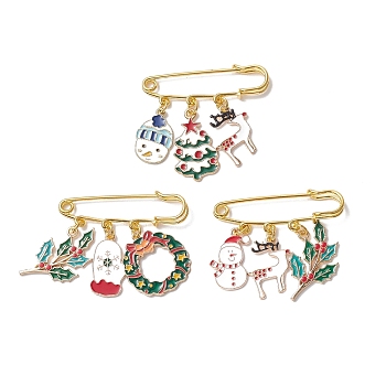3Pcs 3 Style Christmas Tree & Snowman & Deer Alloy Enamel Charms Safety Pin Brooches, Golden Iron Lapel Pins for Sweater Shawl Clips Waist Pants Extender, Mixed Color, 45~48mm, 1Pc/style
