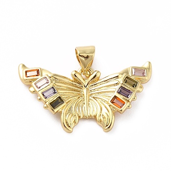 Rack Plating Brass Micro Pave Cubic Zirconia Pendants, Real 18K Gold Plated, Long-Lasting Plated, Lead Free & Cadmium Free, Butterfly, Colorful, 12.5x24x3mm, Hole: 4mm
