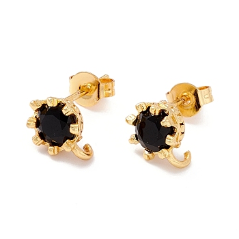 Rack Plating Brass Cubic Zirconia Stud Earrings Findings, Real 18K Gold Plated, with Hook, Cadmium Free & Lead Free, Crown, Black, 9x7mm, Hole: 1.6mm, Pin: 1mm