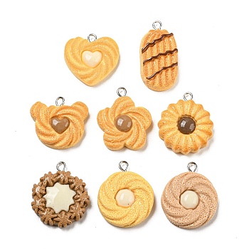 Imitation Food Opaque Resin Pendants, Cookies Charms with Platinum Tone Iron Loops, Mixed Color, 21.5~30.5x16.5~23.5x6~7mm, Hole: 2mm
