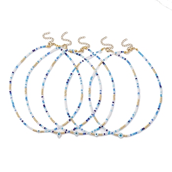 Glass Beaded Necklaces, with Natural White Shell Mother of Pearl Shell Beads Necklaces, Evil Eye, Mixed Shapes, 16.34 inch(41.5cm)