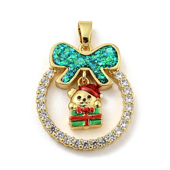 Christmas Brass Micro Pave Cubic Zirconia Pendant, with Enamel and Synthetic Opal, Christmas Wreath, Dark Cyan, 25.5x22.5x4mm, Hole: 5x3mm
