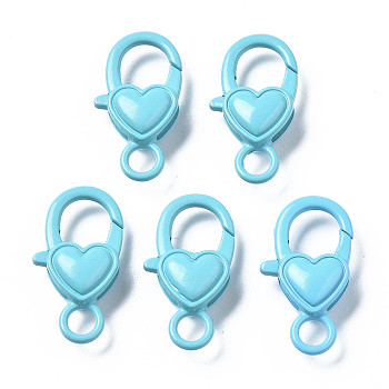 Spray Painted Eco-Friendly Alloy Lobster Claw Clasps, Cadmium Free & Nickel Free & Lead Free, Heart, Light Sky Blue, 27x15x6.5mm, Hole: 4mm
