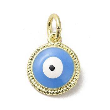 Brass Enamel Charms, with Jump Ring, Real 18K Gold Plated, Flat Round with Evil Eye Charm, Deep Sky Blue, 13.5x11.5x3.7mm, Hole: 3.2mm