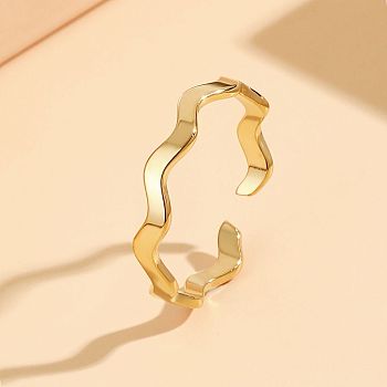 201 Stainless Steel Open Cuff Rings for Women, Wave, Golden, Inner Diameter: 17mm