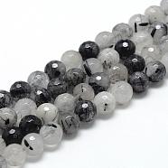 Natural Black Rutilated Quartz Beads Strands, Faceted(128 Facets), Round, 10~11mm, Hole: 1mm, about 36~40pcs/strand, 15.7 inch(G-R447-10mm-03)