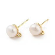 Natural Pearl Stud Earrings Findings, with Brass Findings and Horizontal Loops, Round, Cadmium Free & Lead Free, Real 18K Gold Plated, 10x7.5mm, Hole: 0.6mm, Pin: 0.6mm(X-KK-B059-33G)