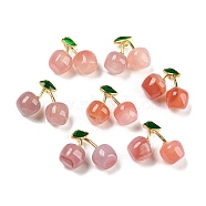 Natural Yan Yuan Agate Pendants, Cherry Charms with Rack Plating Golden Tone Brass Enamel Findings, Long-Lasting Plated, 13.5x17.5x7.5mm, Hole: 1mm(G-P509-02G)
