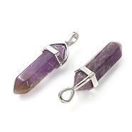 2Pcs Natural Amethyst Double Terminated Pointed Pendants, Faceted Bullet Charms, with Random Alloy Pendant Hexagon Bead Cap Bails, Platinum, 37~40x12mm, Hole: 3x4mm(G-YW0002-05B)