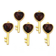 Natural Mahogany Obsidian Pendants, with Light Gold Plated Brass Findings, Key with Heart Charm, 38x17x6.5~7mm, Hole: 1.8mm(G-N326-158-09)