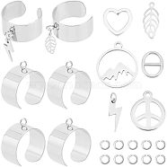 DIY Charm Cuff Ring Making Kit, Including Stainless Steel Open Ring Findings, Mountain & Peace Sign & Heart & Leaf 304 Stainless Steel & Alloy Charms, Stainless Steel Color, 32Pcs/box(DIY-UN0003-69)