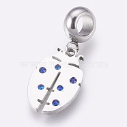 304 Stainless Steel European Dangle Charms, Large Hole Pendants, with Rhinestone, Ladybug, Stainless Steel Color, Light Sapphire, 26.5mm, Hole: 4mm, Pendant: 16.5x11x1.5mm(STAS-O097-06B)