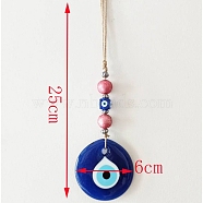 Flat Round with Evil Eye Glass Pendant Decorations, Jute Cord Car Wall Hanging Ornaments, Blue, 250x60mm(PW-WG34722-01)
