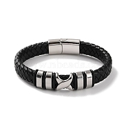 Men's Braided Black PU Leather Cord Bracelets, Cross 304 Stainless Steel Link Bracelets with Magnetic Clasps, Stainless Steel Color, 9 inch(22.8cm)(BJEW-K243-23P)