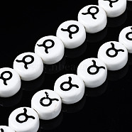 Handmade Porcelain Ceramic Beads Strands, Printed, Flat Round with Constellation, Taurus, 10~11x5mm, Hole: 2mm, about 30pcs/strand, 11.81 inches(30cm)(PORC-S502-032F)