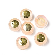 Transparent Spray Painted Glass Beads, with Golden Brass Findings, Flat Round with Smile, Light Salmon, 11.5x4mm, Hole: 1.2mm(GLAA-I050-15D)