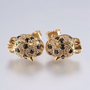 Brass Stud Earrings, with Micro Pave Cubic Zirconia, Leopard, Golden, 15x10.5x6mm, Pin: 0.9mm(EJEW-K067-10C)